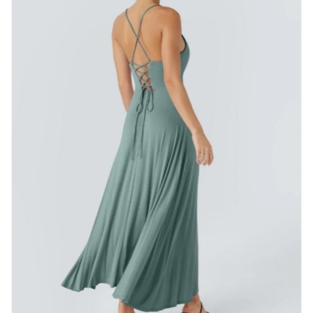 Halara Soft Stretchy Draped Neck Open Back Lace Up Padded Maxi Dress Size Medium - Picture 3 of 15